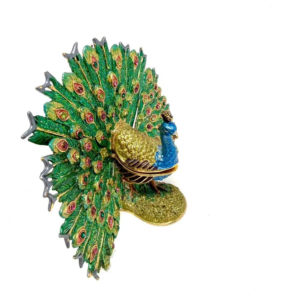 Peacock Trinket Box Enameled Rhinestone Bejeweled Jewelry Holder Green Gold VTG
